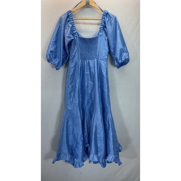 Anthropologie Hutch Twist-Front Puff-Sleeve Ruffle-Hem Midi Dress Sky Blue XS - Picture 6 of 13